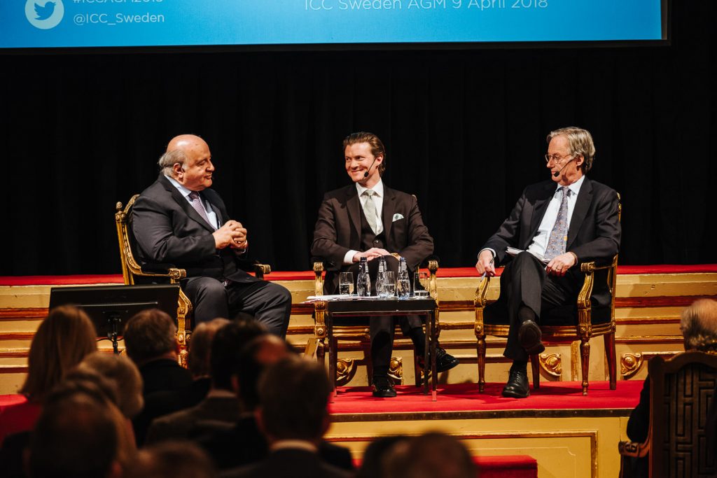 Hernando de Soto, Johan Norberg och Pontus Braunerhjelm vid ICCs årsmöte på Grand Hôtel, april 2018